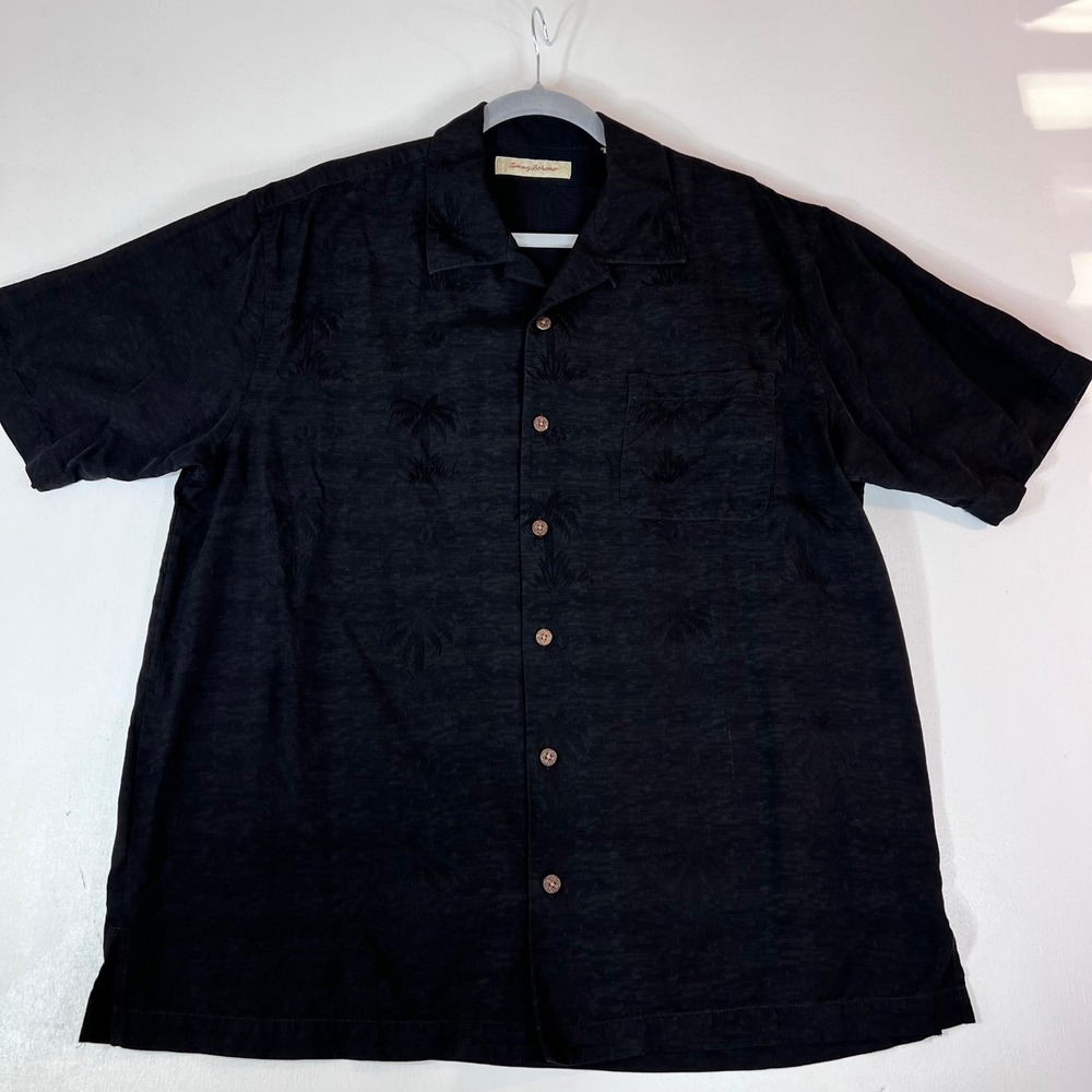 Tommy Bahama Men's L Black 100% Silk Palm Jacquard Camp Shirt Resort